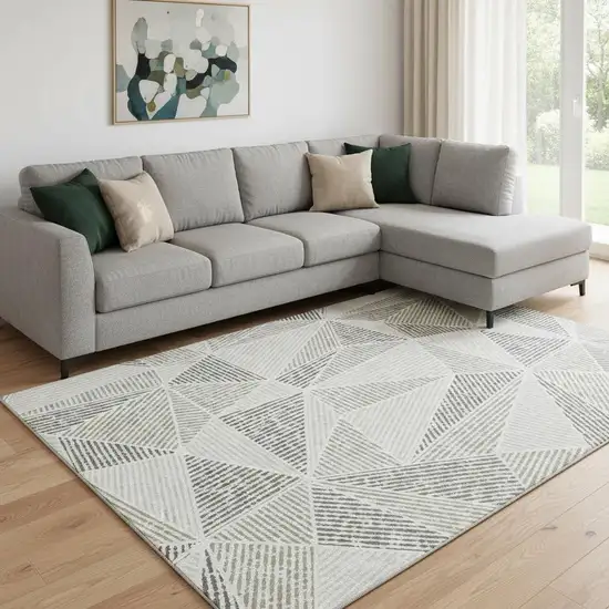 Taupe And Silver Geometric Washable Area Rug With UV Protection Photo 1