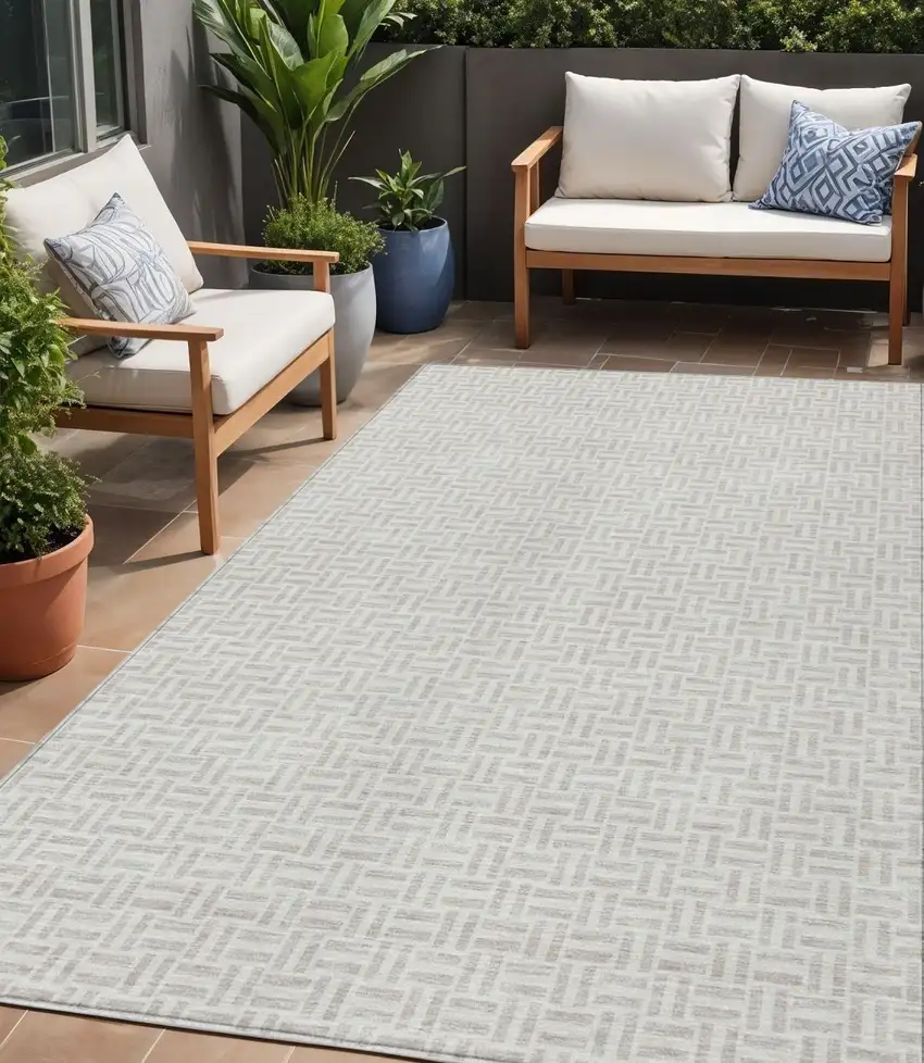Taupe And Silver Geometric Washable Indoor Outdoor Area Rug Photo 1