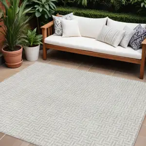 Photo of Taupe And Silver Geometric Washable Indoor Outdoor Area Rug