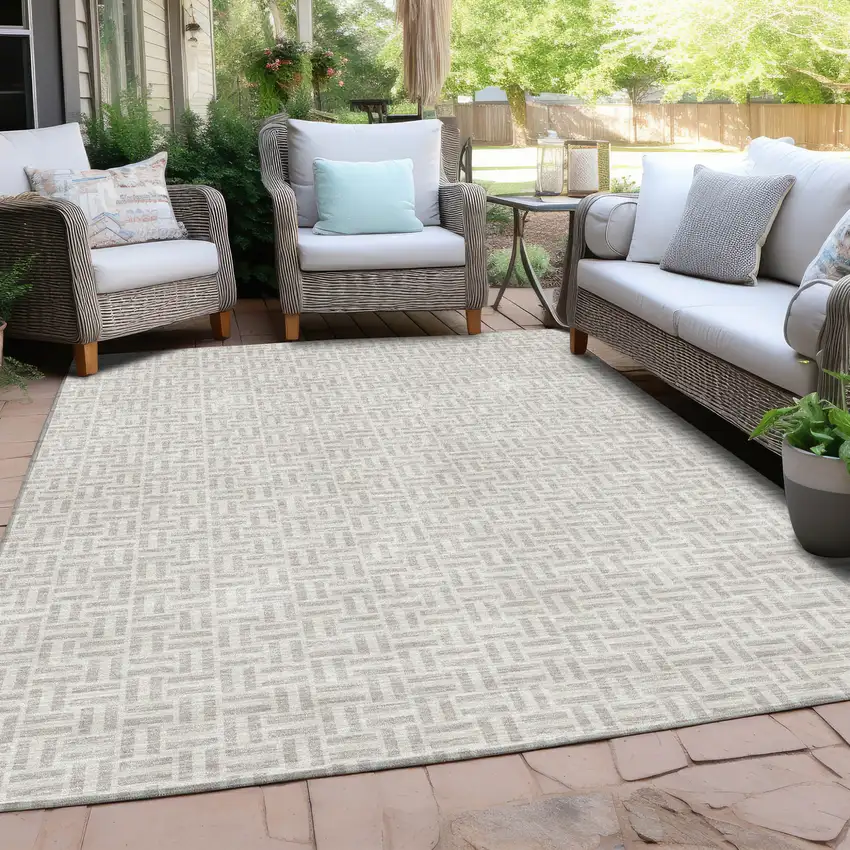 Taupe And Silver Geometric Washable Indoor Outdoor Area Rug Photo 8