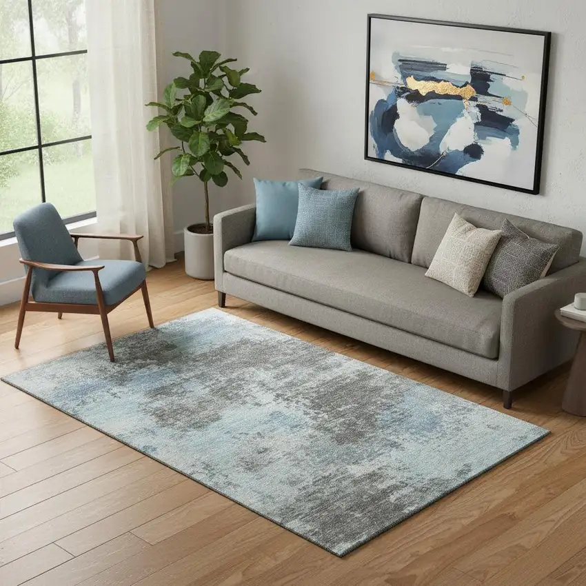 Taupe And Sky Blue Abstract Washable Area Rug With UV Protection Photo 2