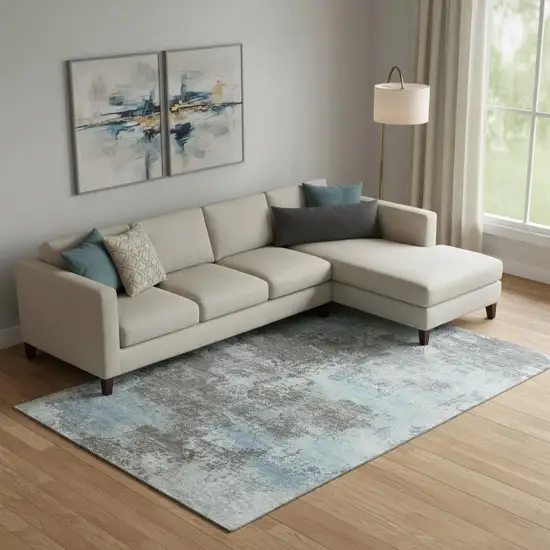 Taupe And Sky Blue Abstract Washable Area Rug With UV Protection Photo 2