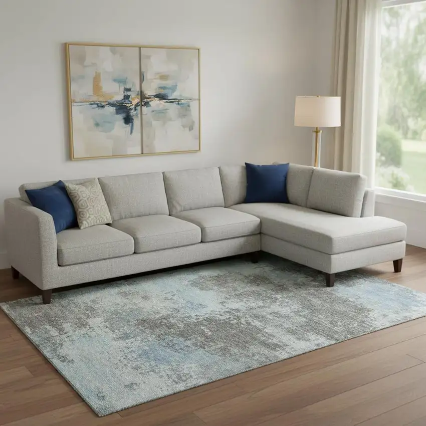 Taupe And Sky Blue Abstract Washable Area Rug With UV Protection Photo 2