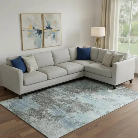 Taupe And Sky Blue Abstract Washable Area Rug With UV Protection Photo 2