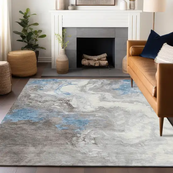 Taupe And Sky Blue Abstract Washable Indoor Outdoor Area Rug Photo 6