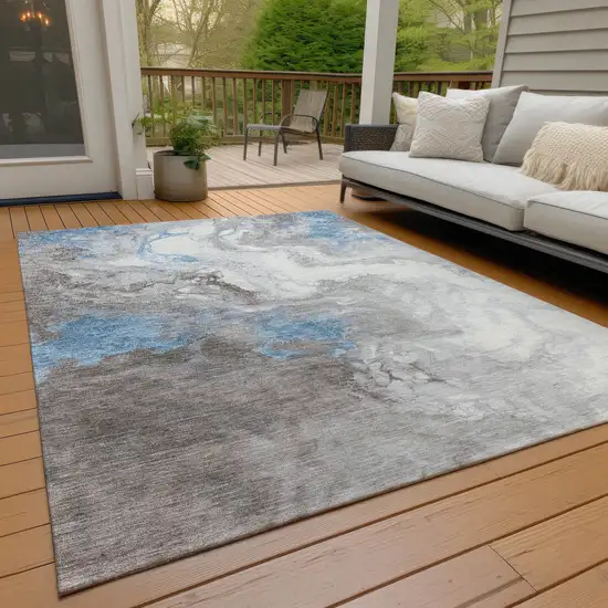 Taupe And Sky Blue Abstract Washable Indoor Outdoor Area Rug Photo 8