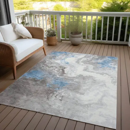 Taupe And Sky Blue Abstract Washable Indoor Outdoor Area Rug Photo 5