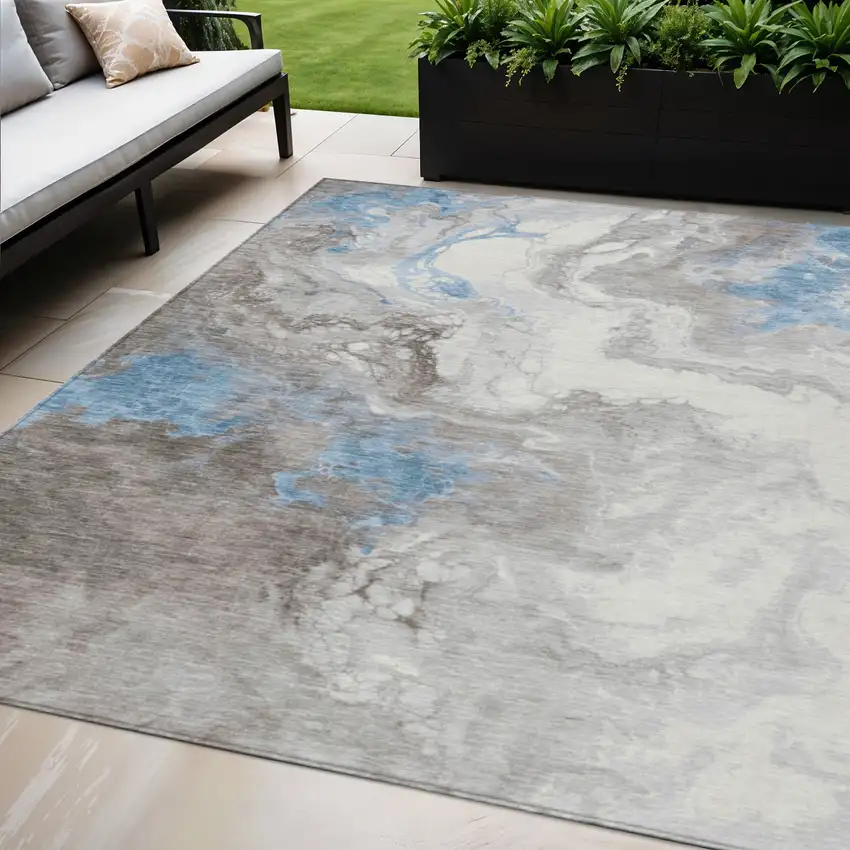 Taupe And Sky Blue Abstract Washable Indoor Outdoor Area Rug Photo 2