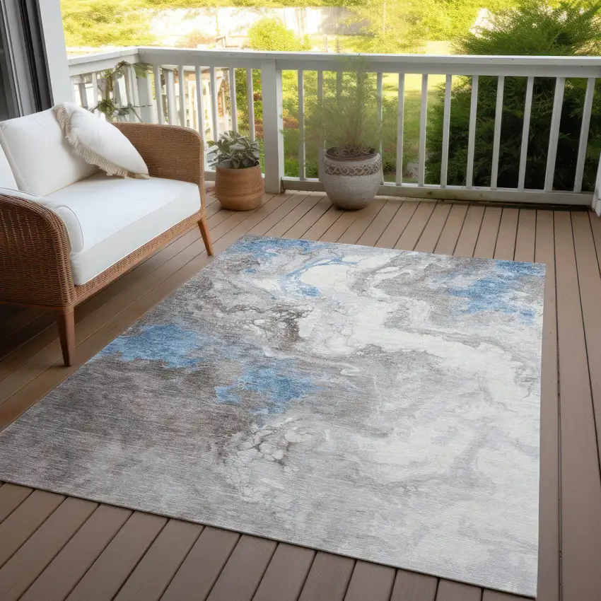 Taupe And Sky Blue Abstract Washable Indoor Outdoor Area Rug Photo 5