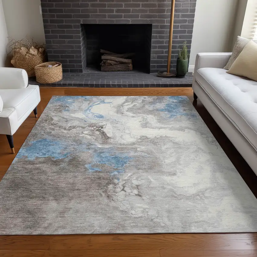 Taupe And Sky Blue Abstract Washable Indoor Outdoor Area Rug Photo 7