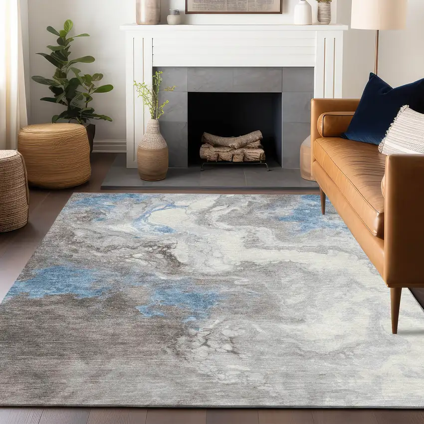 Taupe And Sky Blue Abstract Washable Indoor Outdoor Area Rug Photo 6