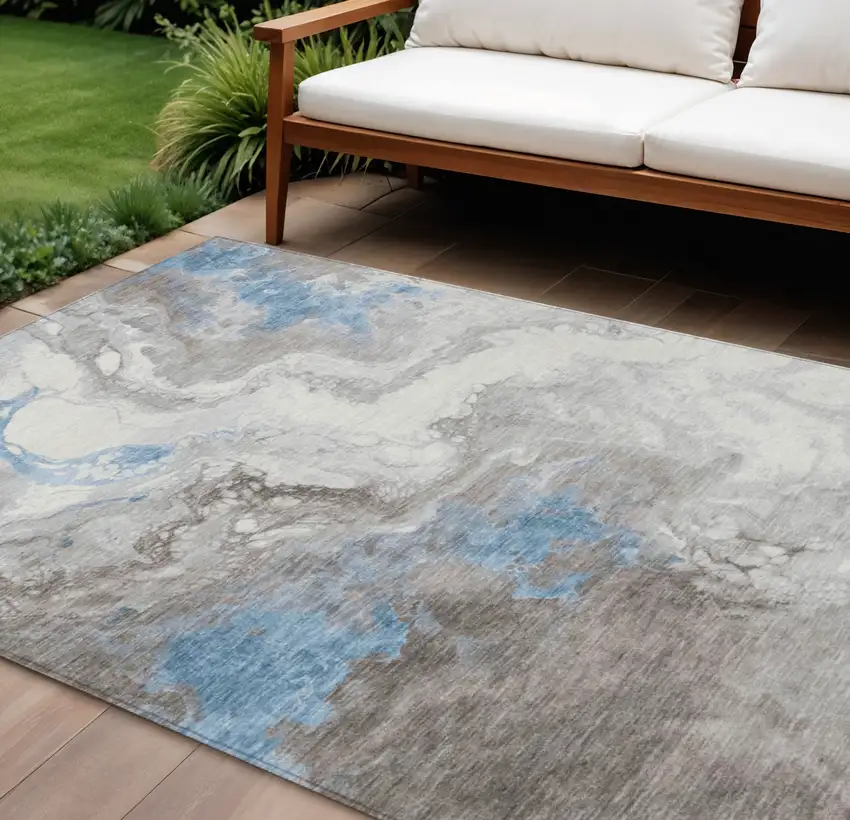 Taupe And Sky Blue Abstract Washable Indoor Outdoor Area Rug Photo 2