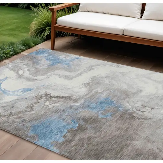 Taupe And Sky Blue Abstract Washable Indoor Outdoor Area Rug Photo 2