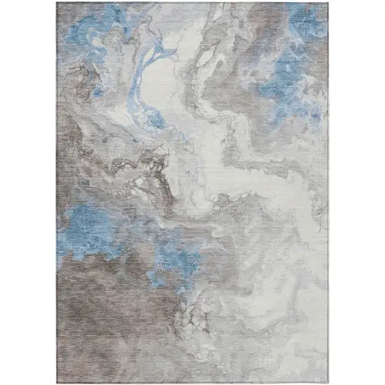 Taupe And Sky Blue Abstract Washable Indoor Outdoor Area Rug Photo 9