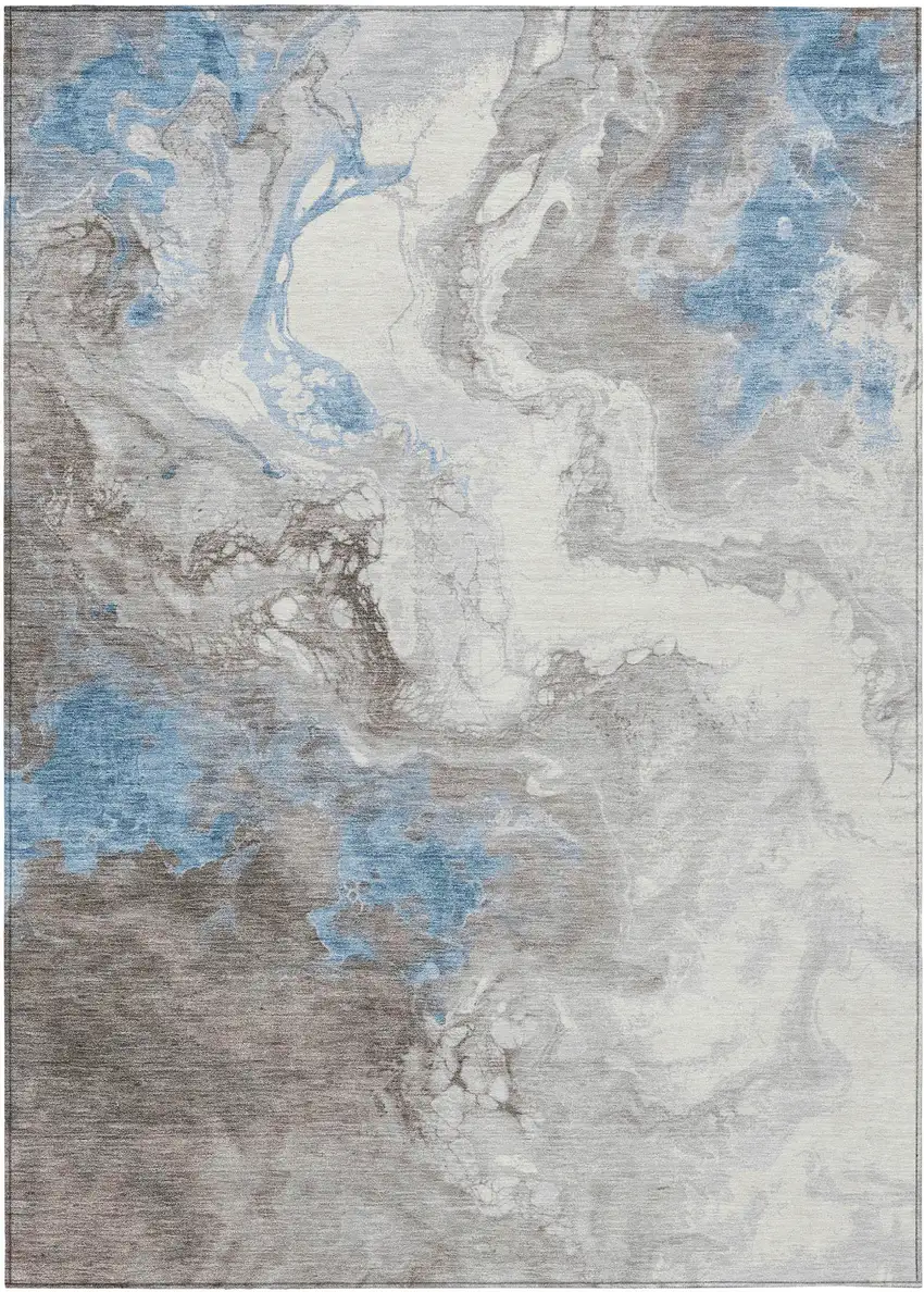Taupe And Sky Blue Abstract Washable Indoor Outdoor Area Rug Photo 9
