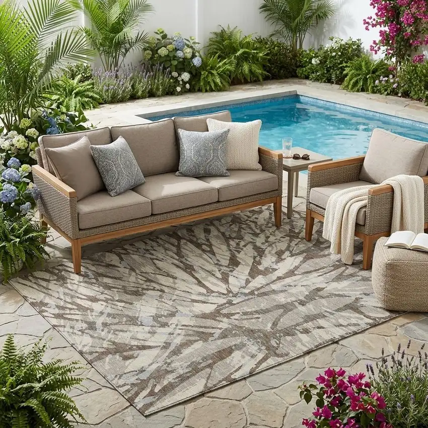 Taupe And Teal Blue Abstract Washable Indoor Outdoor Area Rug Photo 1