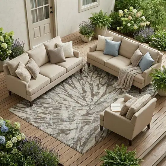 Taupe And Teal Blue Abstract Washable Indoor Outdoor Area Rug Photo 1
