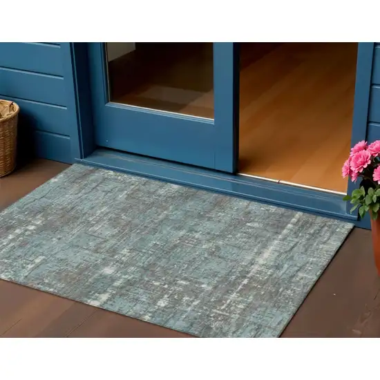 Taupe And Teal Blue Geometric Washable Indoor Outdoor Area Rug Photo 2