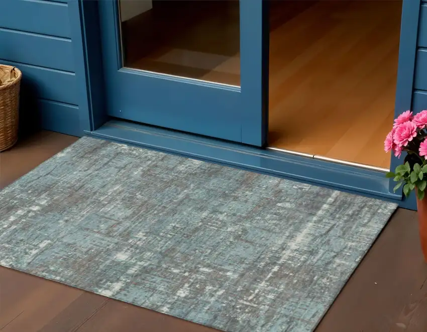 Taupe And Teal Blue Geometric Washable Indoor Outdoor Area Rug Photo 2
