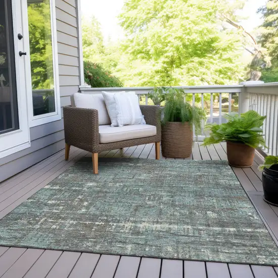 Taupe And Teal Blue Geometric Washable Indoor Outdoor Area Rug Photo 8