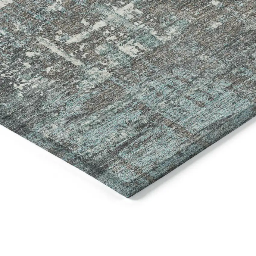 Taupe And Teal Blue Geometric Washable Indoor Outdoor Area Rug Photo 9
