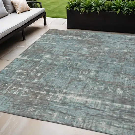 Taupe And Teal Blue Geometric Washable Indoor Outdoor Area Rug Photo 2