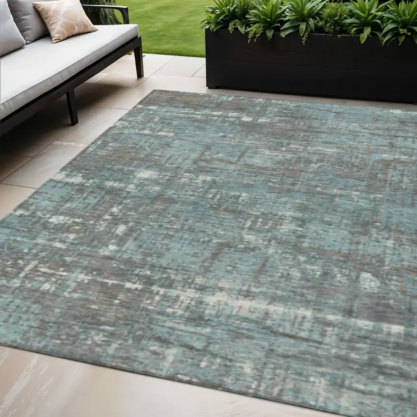 Taupe And Teal Blue Geometric Washable Indoor Outdoor Area Rug Photo 2