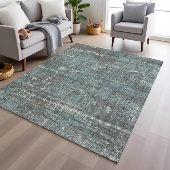 Taupe And Teal Blue Geometric Washable Indoor Outdoor Area Rug Photo 6