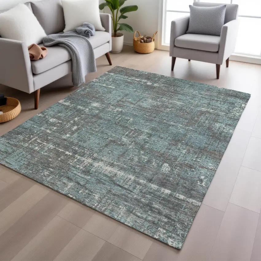 Taupe And Teal Blue Geometric Washable Indoor Outdoor Area Rug Photo 6