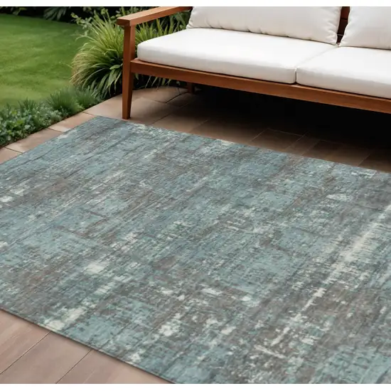 Taupe And Teal Blue Geometric Washable Indoor Outdoor Area Rug Photo 2