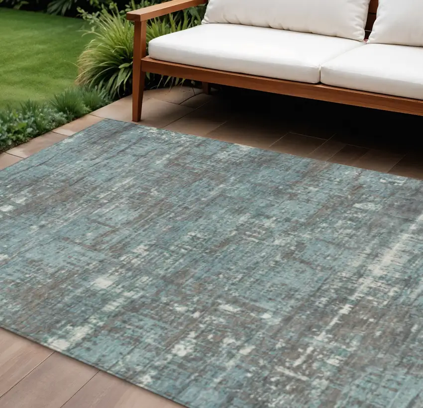 Taupe And Teal Blue Geometric Washable Indoor Outdoor Area Rug Photo 2