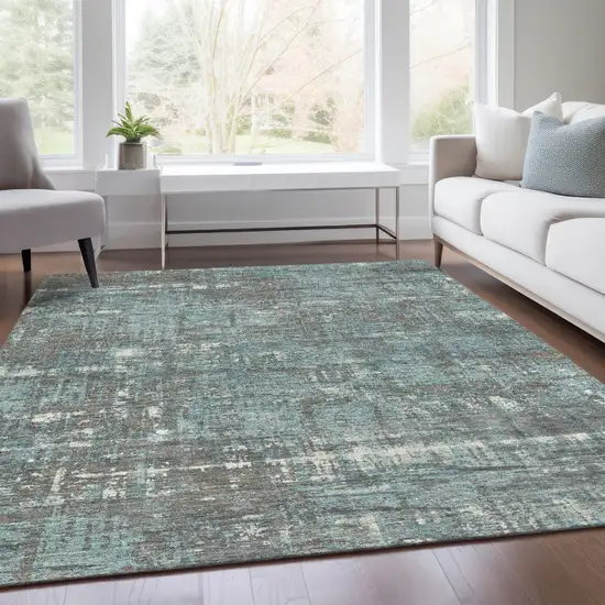 Taupe And Teal Blue Geometric Washable Indoor Outdoor Area Rug Photo 7
