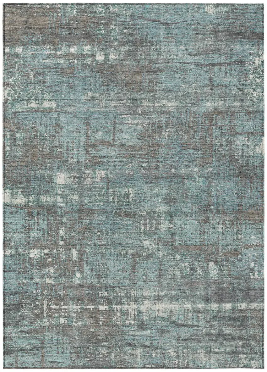 Taupe And Teal Blue Geometric Washable Indoor Outdoor Area Rug Photo 1
