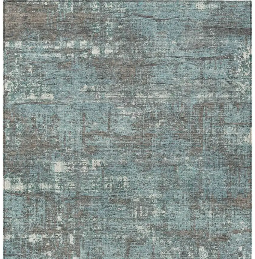 Taupe And Teal Blue Geometric Washable Indoor Outdoor Area Rug Photo 4