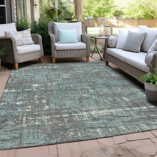 Taupe And Teal Blue Geometric Washable Indoor Outdoor Area Rug Photo 5