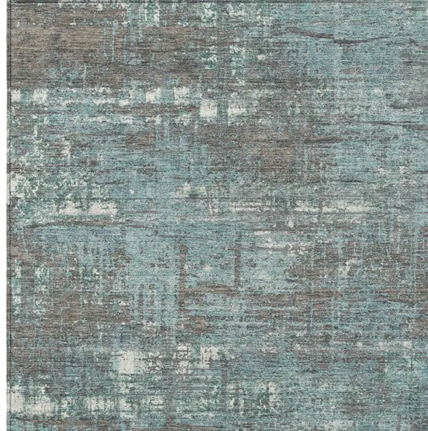 Taupe And Teal Blue Geometric Washable Indoor Outdoor Area Rug Photo 3