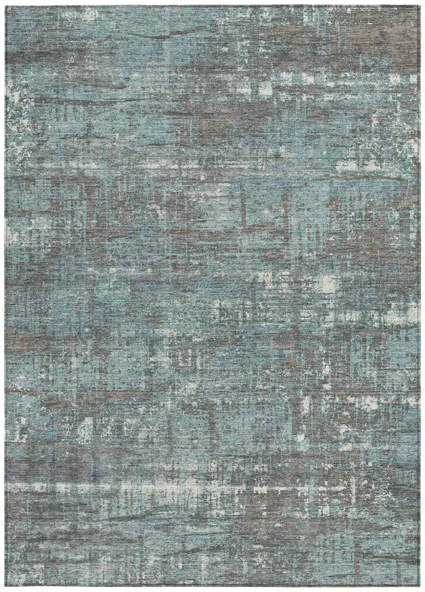 Taupe And Teal Blue Geometric Washable Indoor Outdoor Area Rug Photo 4