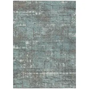 Photo of Taupe And Teal Blue Geometric Washable Indoor Outdoor Area Rug