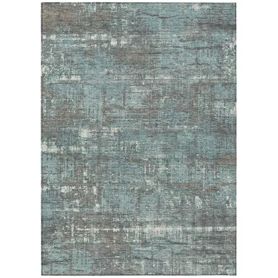 Taupe And Teal Blue Geometric Washable Indoor Outdoor Area Rug Photo 1