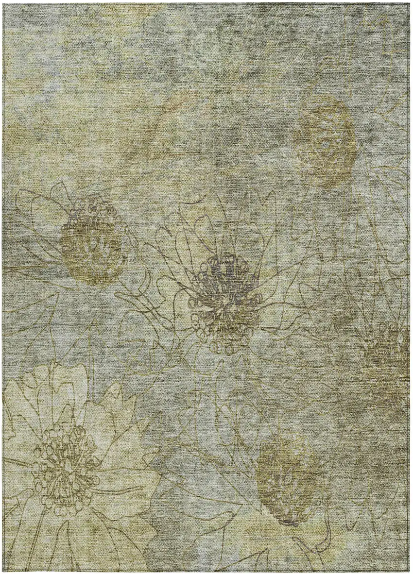 Taupe And Wheat Floral Washable Indoor Outdoor Area Rug Photo 5