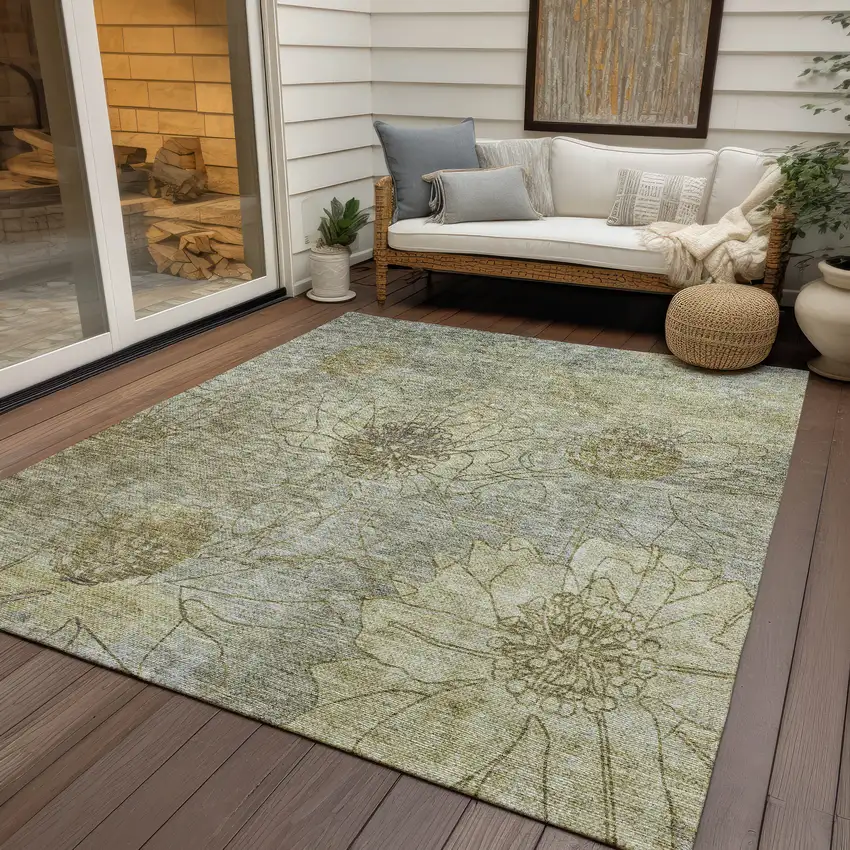 Taupe And Wheat Floral Washable Indoor Outdoor Area Rug Photo 9