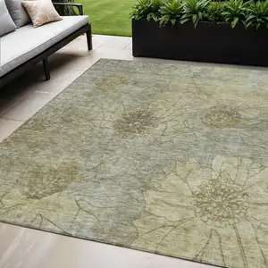 Photo of Taupe And Wheat Floral Washable Indoor Outdoor Area Rug
