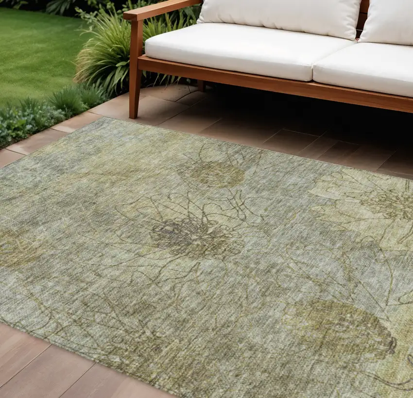 Taupe And Wheat Floral Washable Indoor Outdoor Area Rug Photo 1