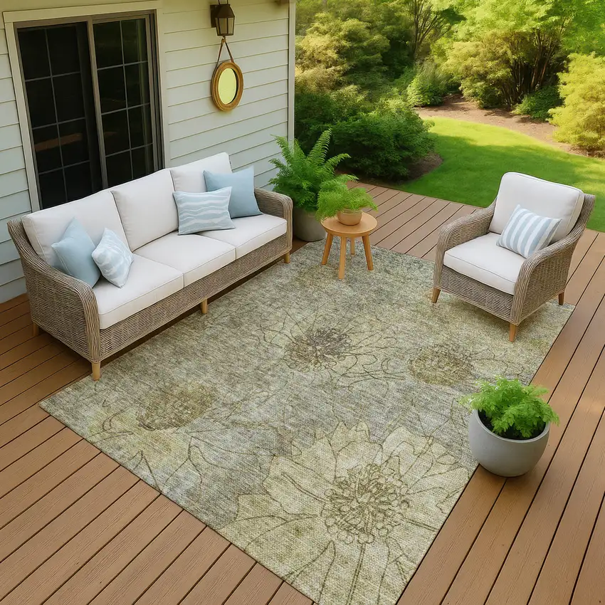 Taupe And Wheat Floral Washable Indoor Outdoor Area Rug Photo 7
