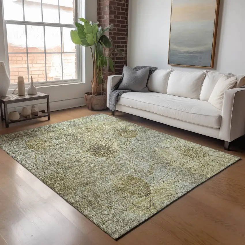 Taupe And Wheat Floral Washable Indoor Outdoor Area Rug Photo 9