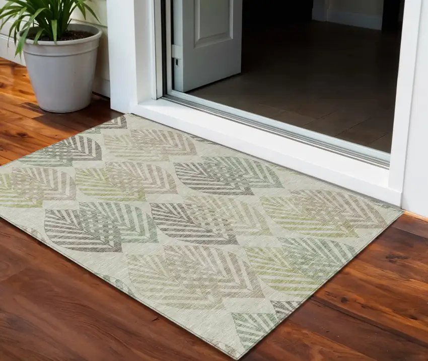 Taupe Beige And Artichoke Green Floral Washable Indoor Outdoor Area Rug Photo 1