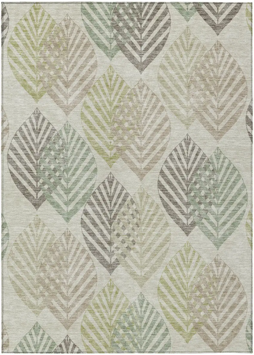 Taupe Beige And Artichoke Green Floral Washable Indoor Outdoor Area Rug Photo 1
