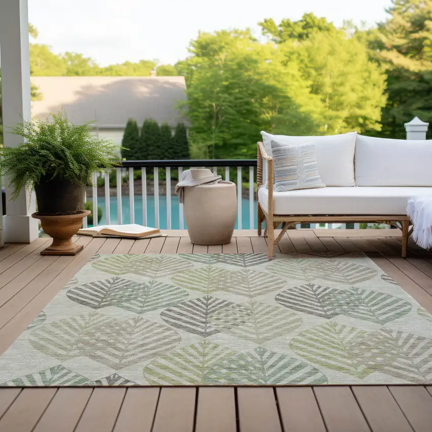 Taupe Beige And Artichoke Green Floral Washable Indoor Outdoor Area Rug Photo 9