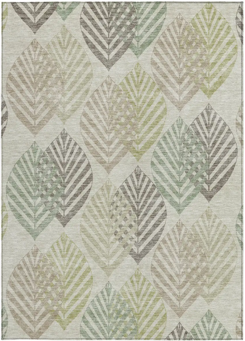 Taupe Beige And Artichoke Green Floral Washable Indoor Outdoor Area Rug Photo 5