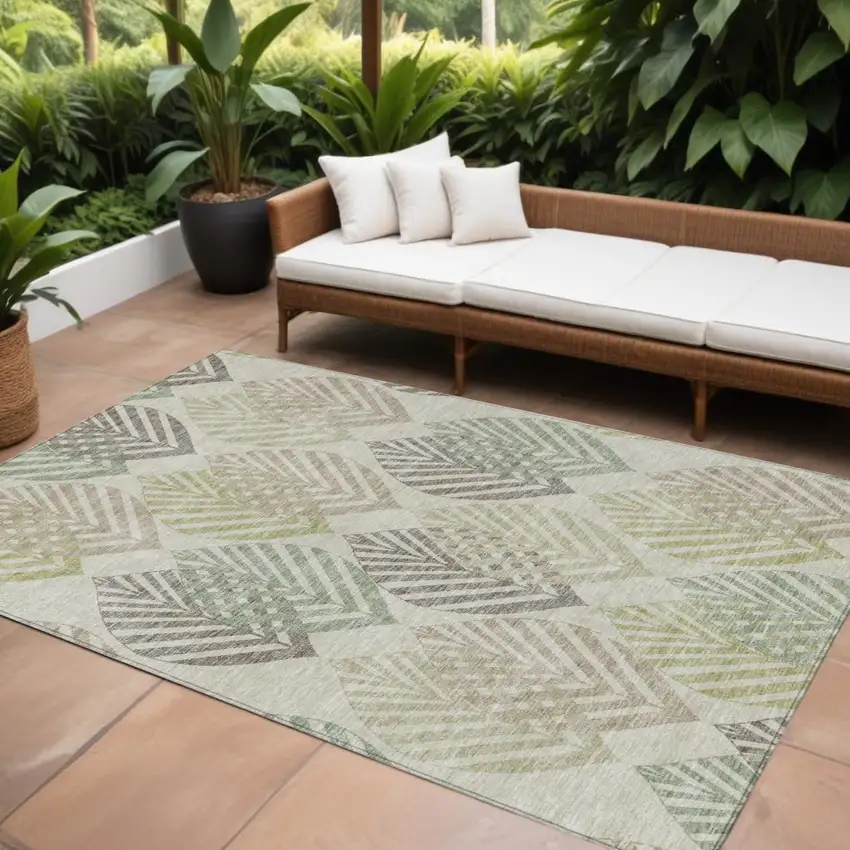 Taupe Beige And Artichoke Green Floral Washable Indoor Outdoor Area Rug Photo 1